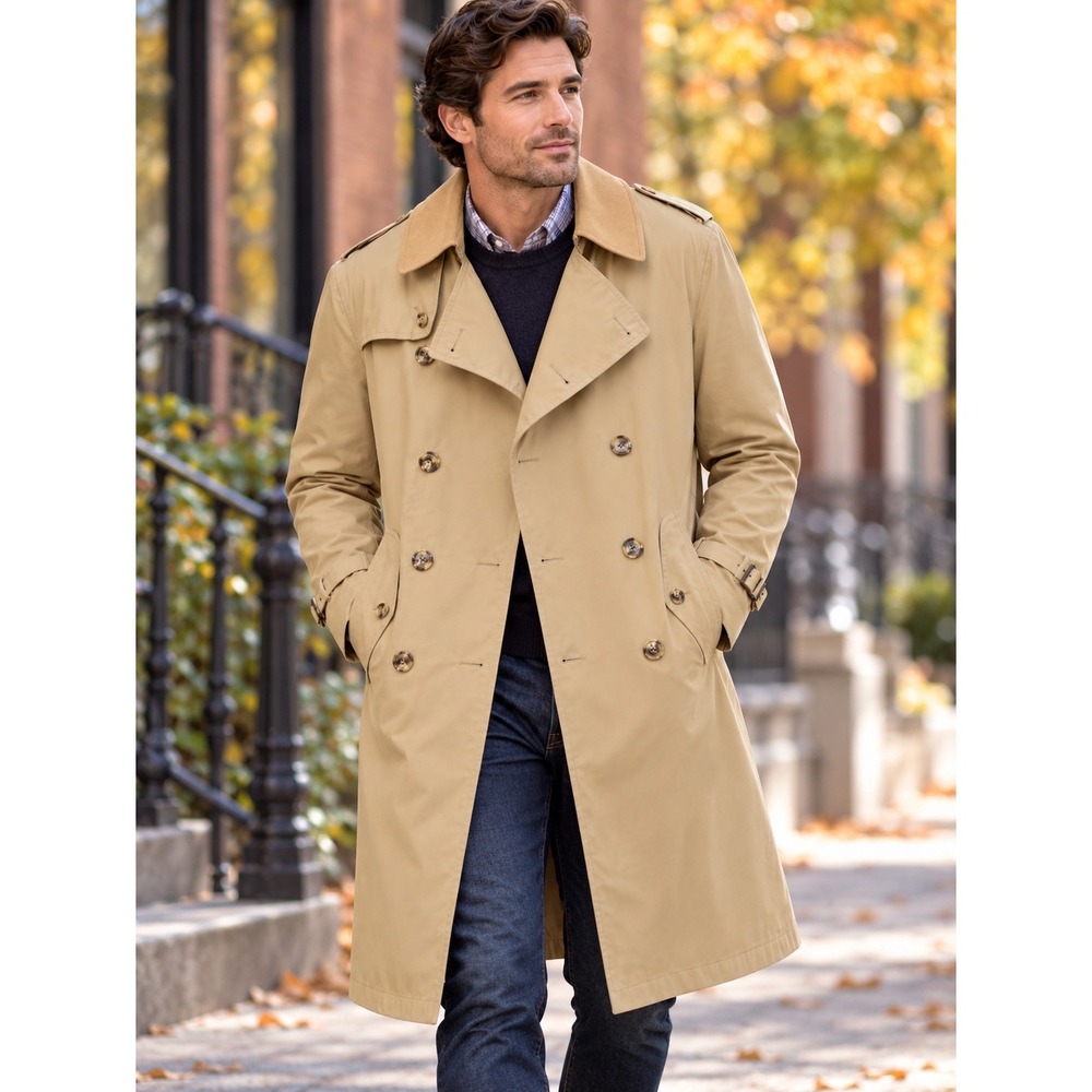 Graham & Gunn Jack Henry Mens Tan Double Breasted Trench Coat Wool Liner 40R VTG